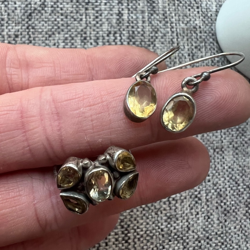 Art Deco citrine ring and matching earrings set in Sterling silver.